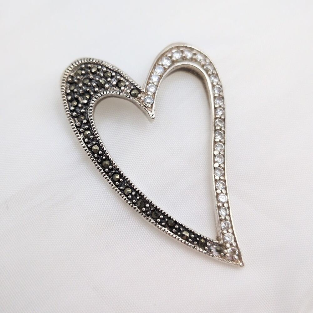Sterling Silver 925 Marcasite Crystal Slide Heart Pendant Thai 7.40g 1.78in